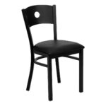 Silla metal con respaldo de círculo negro asiento de vinilo negro para restaurantes y cafeterias